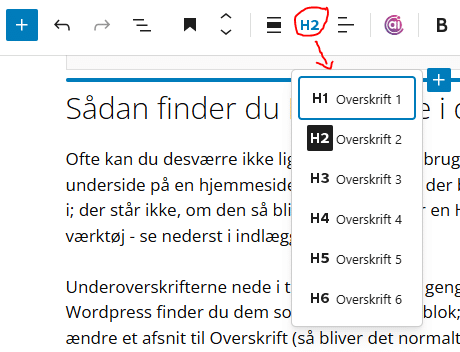 Overskriftskoder i WordPress (Gutenberg)