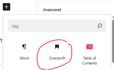 Indsæt blokken Overskrift i WordPress